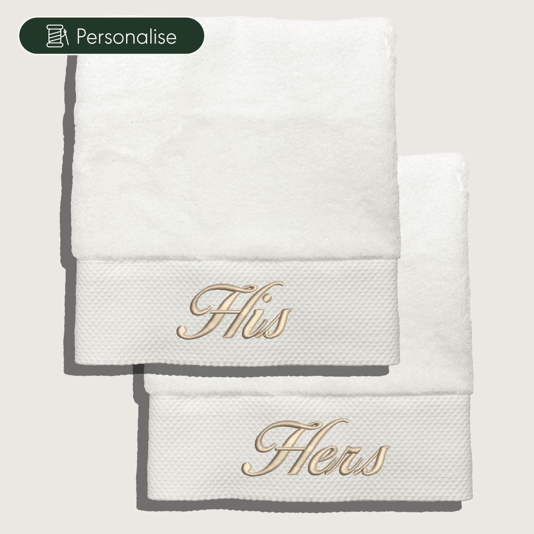 Minimal his and hers towel embroidery close up